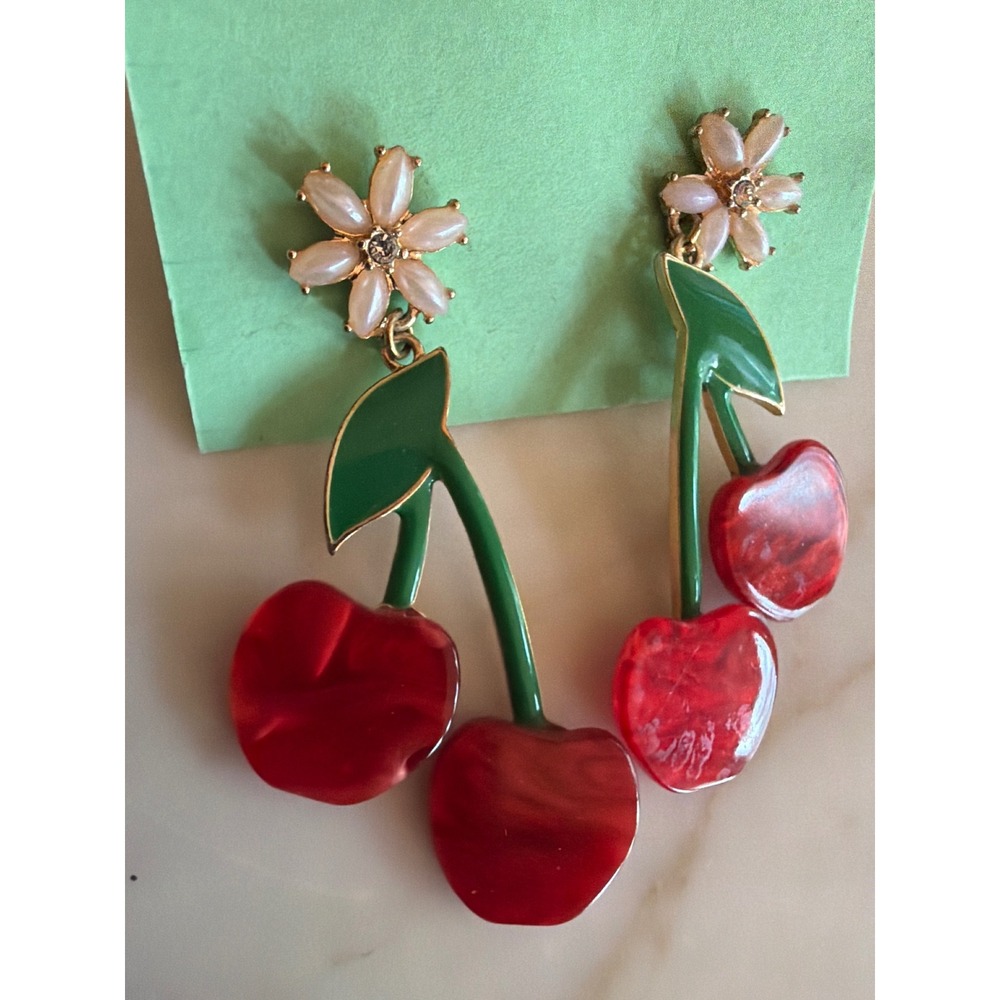 Drop Earrings Red Cherry Flower Stud Resin Enamel Whimsical Retro Style - Picture 2 of 4